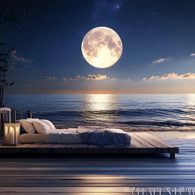 Ocean View Bed under the Moon AI Image