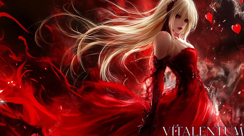 Fantasy Anime Character in Red Dress AI Image