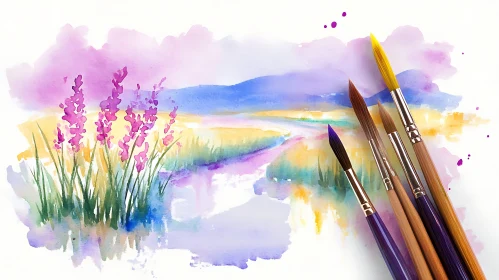 Floral Watercolor with Paintbrushes
