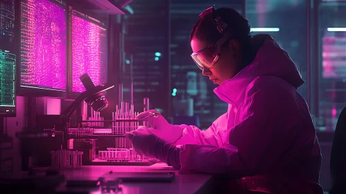 Scientist Conducting Experiment in Pink Lit Lab