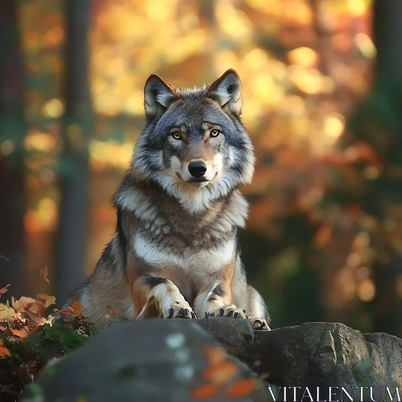 AI ART Wolf on Rock with Autumnal Backdrop