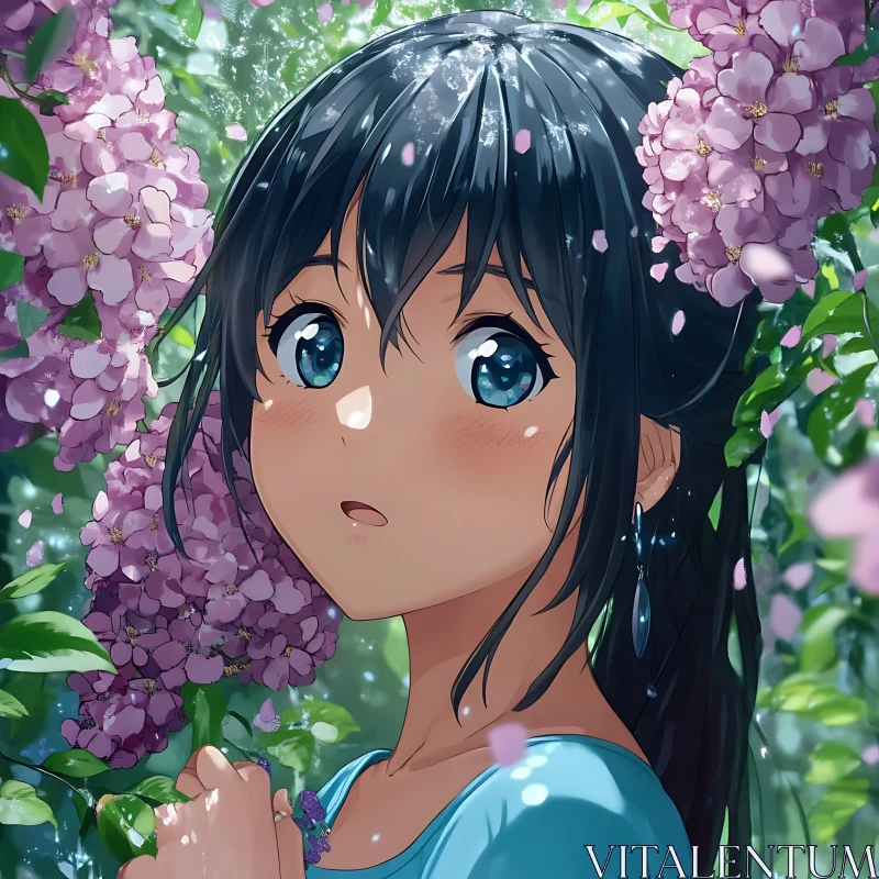 Anime Girl with Blue Eyes Surrounded by Flowers AI Image