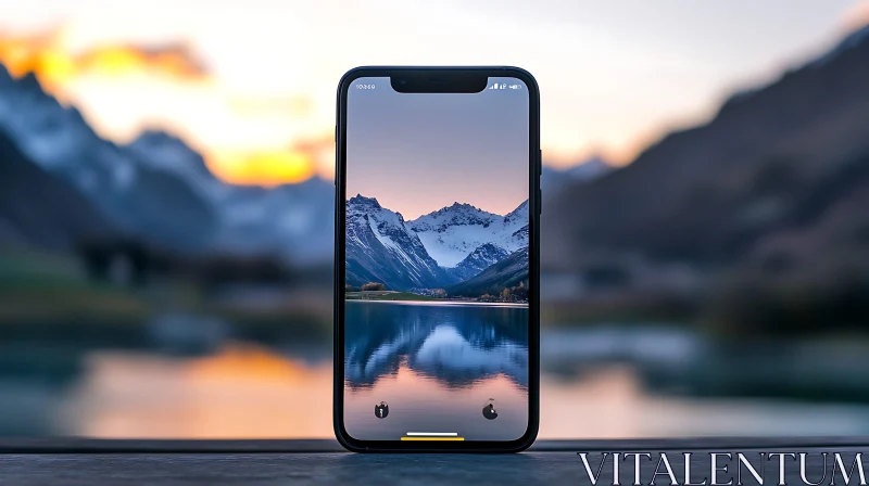 Mobile Phone Displaying Mountainous Landscape AI Image