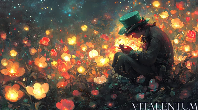 AI ART Man in Hat Surrounded by Glowing Flowers