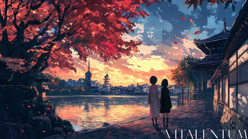 Serene Sunset by the Lake in an Anime World AI Image