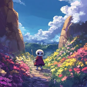 Enchanting Journey of a Skeleton through a Vibrant Flower Pathway