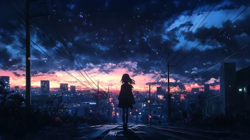 City Skyline at Sunset with Anime Silhouette