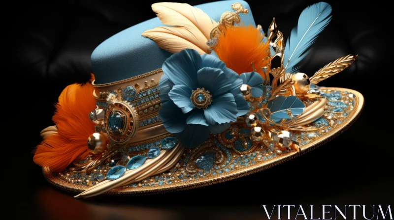Exquisite Blue and Orange Feathered Hat with Intricate Floral Arrangements AI Image