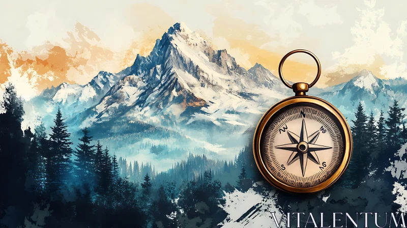 AI ART Compass Guiding Through Mountainous Forest