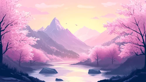 Tranquil Mountain Sunset with Pink Blossom Trees and Lake