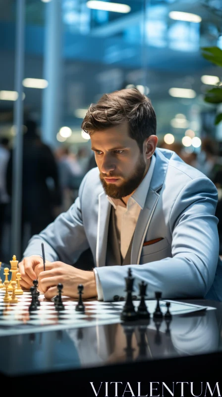 Man Playing Chess in Office: A Study of Strategy and Focus AI Image