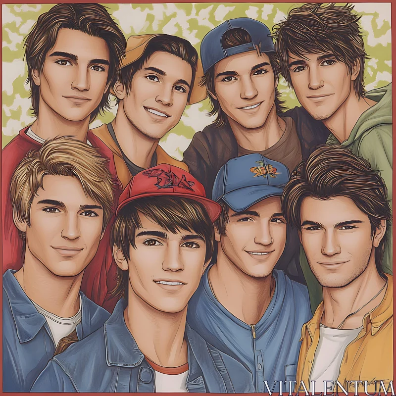 AI ART Group of Young Men Cartoon Portrait