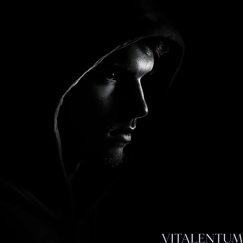 AI ART Monochrome Hooded Man