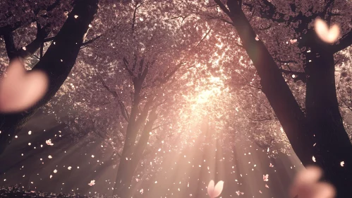 Sunlit Cherry Blossom Trees in a Peaceful Forest