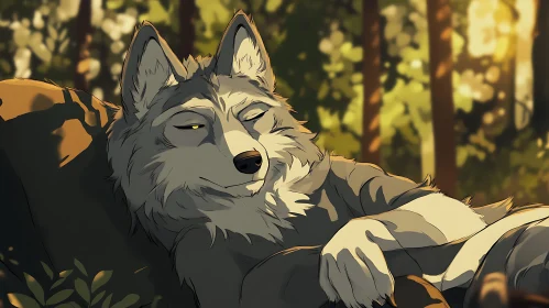 Peaceful Wolf in Forest