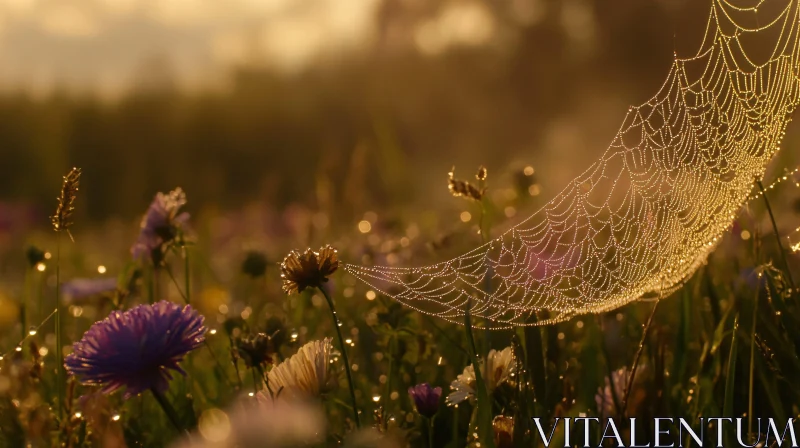 AI ART Sunrise Spiderweb in Flowering Meadow