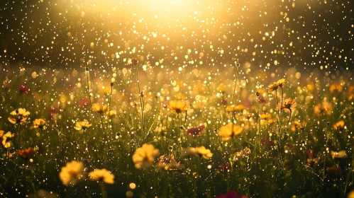 Sunlit Dew-Kissed Flowers in a Field