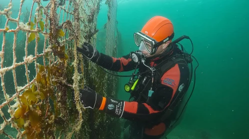 Underwater Diver and Algae Net