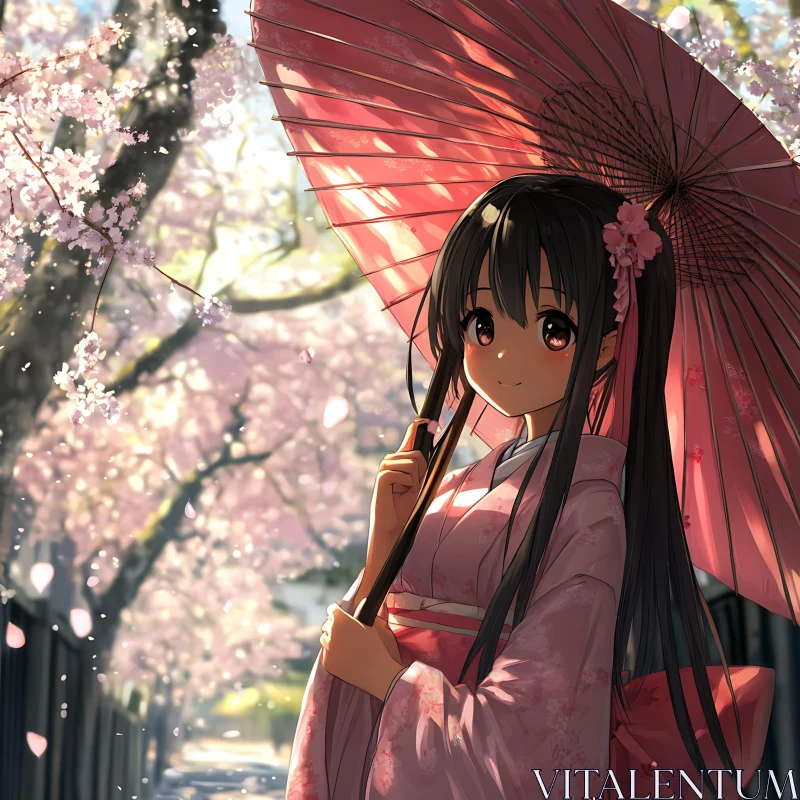 Cherry Blossom Pathway with Anime Girl AI Image