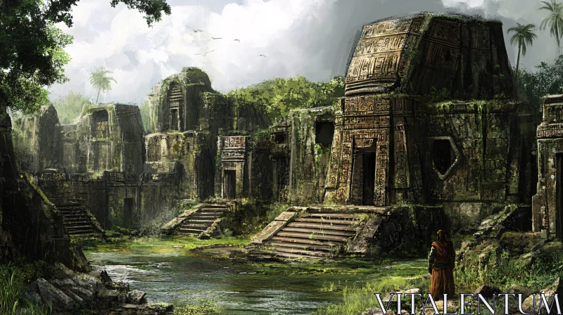 Ancient Temple Ruins and Jungle Scenery AI Image