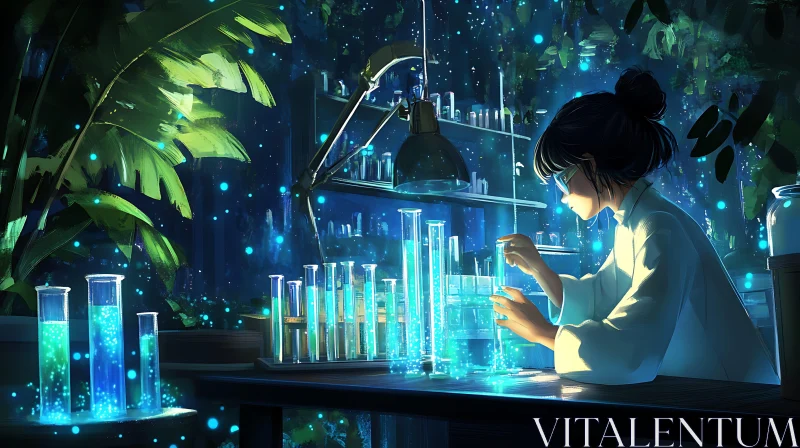Scientist in Bioluminescent Laboratory AI Image