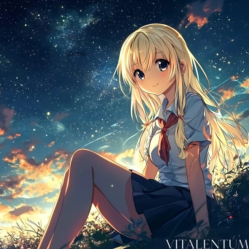 Blonde Anime Girl in School Uniform at Night AI Image