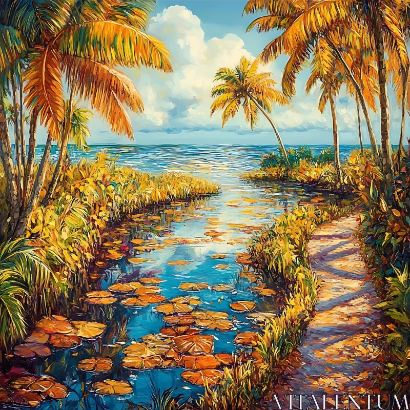 AI ART Seascape with Palm Trees and Lily Pads