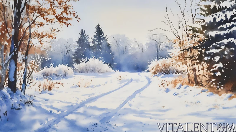 Snowy Path Through the Winter Woods AI Image