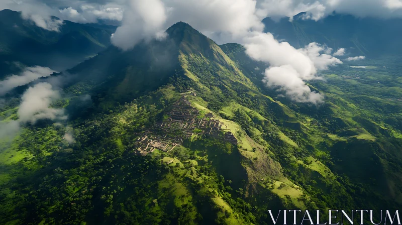 Cloud-Veiled Mountain with Historical Site AI Image