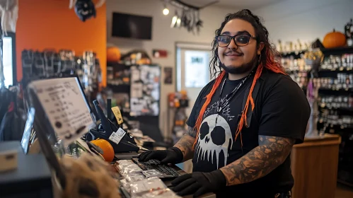 Friendly Store Clerk at Halloween Shop