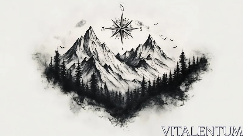 AI ART Monochrome Mountain Landscape with Compass