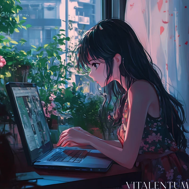 Focused Anime Girl in Lush Greenery AI Image