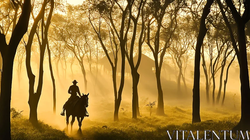 Mysterious Rider in Sunlit Forest AI Image