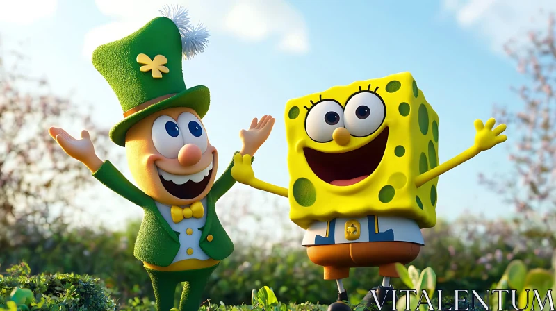 Cartoon Friends: Spongebob and Leprechaun AI Image