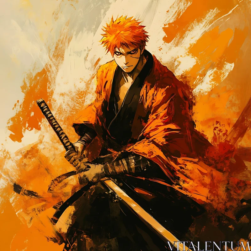 Samurai Anime Character in Bold Orange AI Image