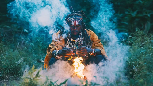 Man Meditating by Campfire