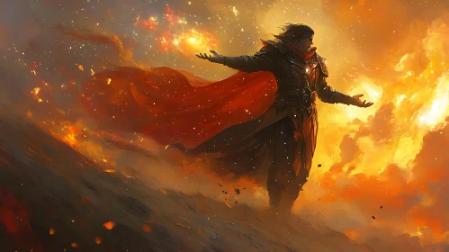 Magical Wizard in Fiery Landscape