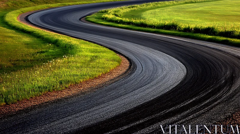 AI ART Curved Asphalt Road in Green Meadow