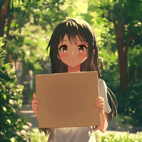 Young Anime Girl in a Sunlit Forest Holding a Sign