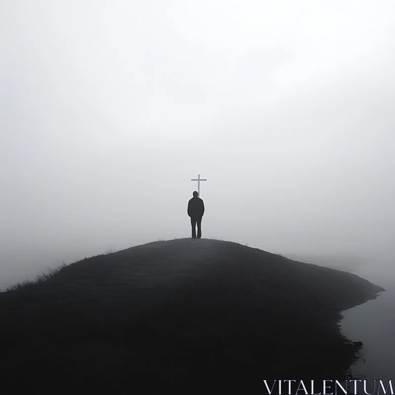 Man Silhouette and Cross on Misty Hill AI Image