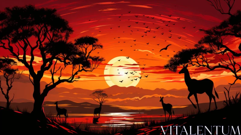 Enchanting Sunset Landscape with Giraffes and Birds AI Image