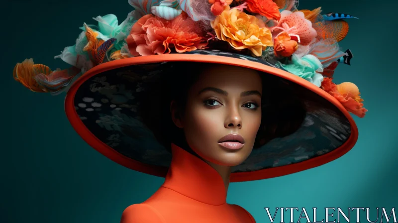 Fashion: Beautiful Woman in Large Orange Flower Hat AI Image