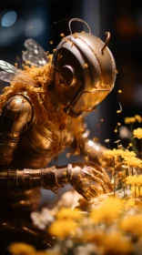 Golden Robot Amid Flowers: A Blend of Artificial Intelligence and Natural Beauty