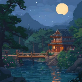 Moonlit Pixel Art Japanese Forest Cottage