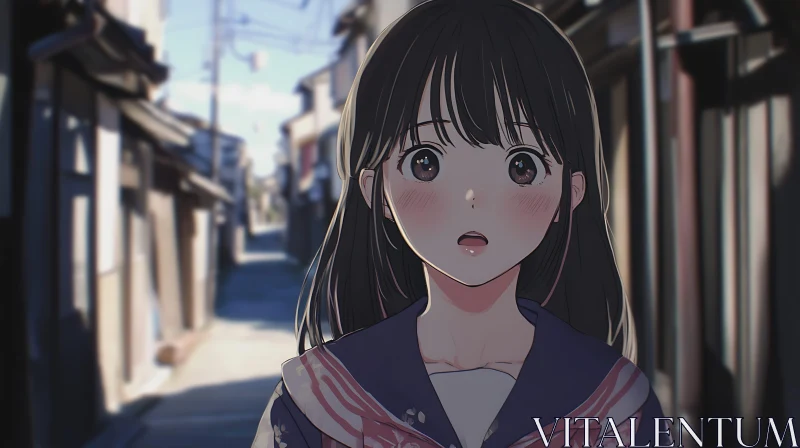 Surprised Anime Girl in Narrow Street AI Image