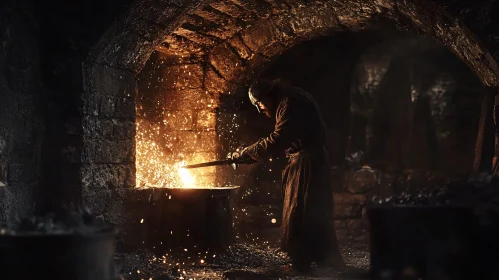 Medieval Blacksmith Working on Sword