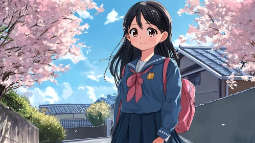 Springtime Anime Schoolgirl with Blossoming Sakura