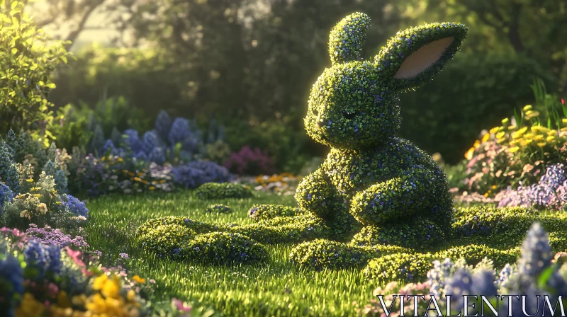 AI ART Green Bunny Sculpture in Flower Meadow