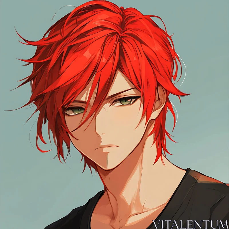 Vibrant Red-Haired Anime Character with Intense Green Eyes AI Image