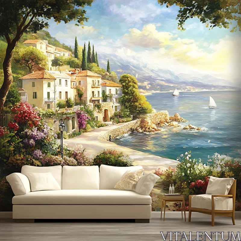 Seaside Village with Sailboats and Flowers AI Image